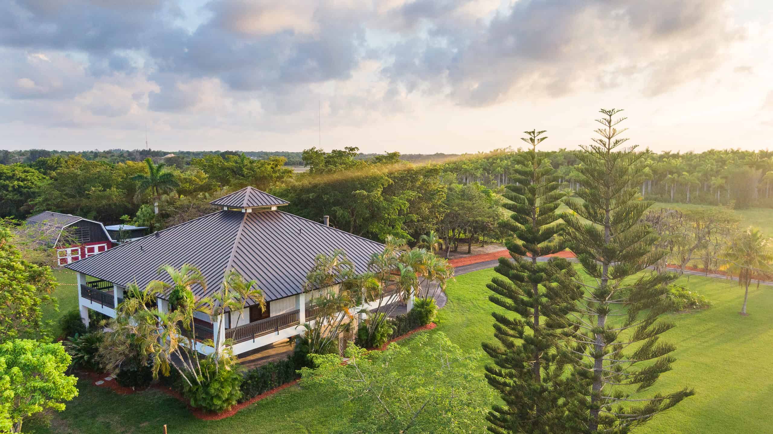 awrial view of the pleasant garden house.