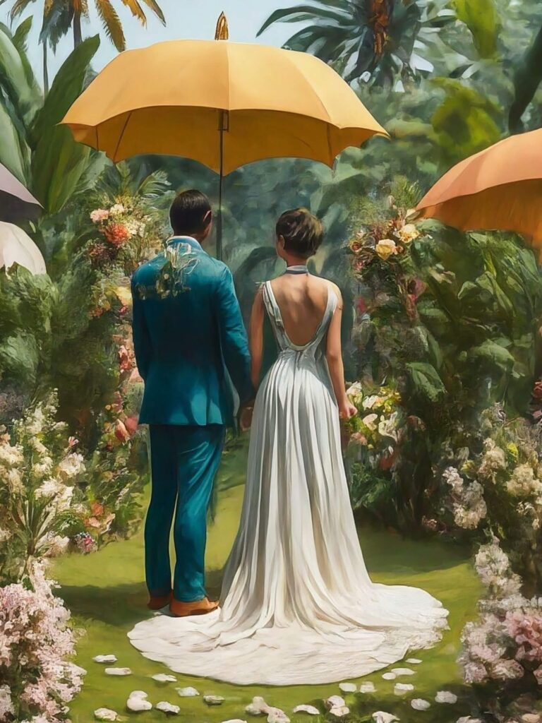 An AI generated image of a couple having an outdoor wedding in Miami with umbrellas